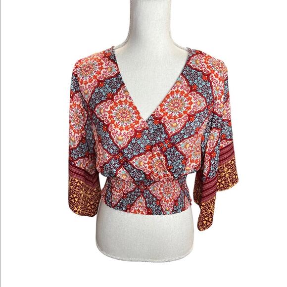 Anthropologie twine & string boho cropped floral blouse 3/4 sleeve western rodeo - Picture 2 of 9